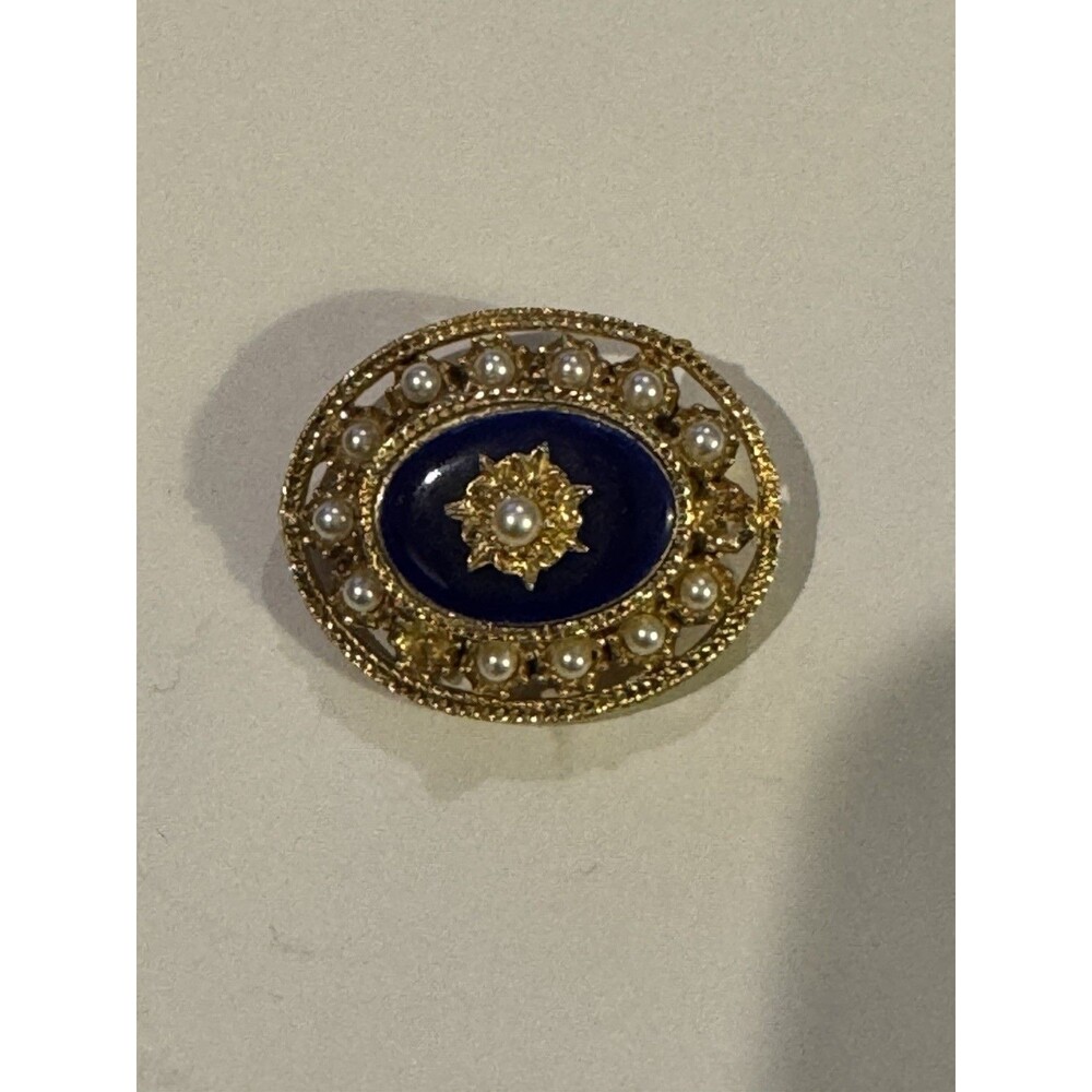Vintage UnSigned Florenza 2" Blue Guilloche Enamel Faux Seed Pearl Brooch READ